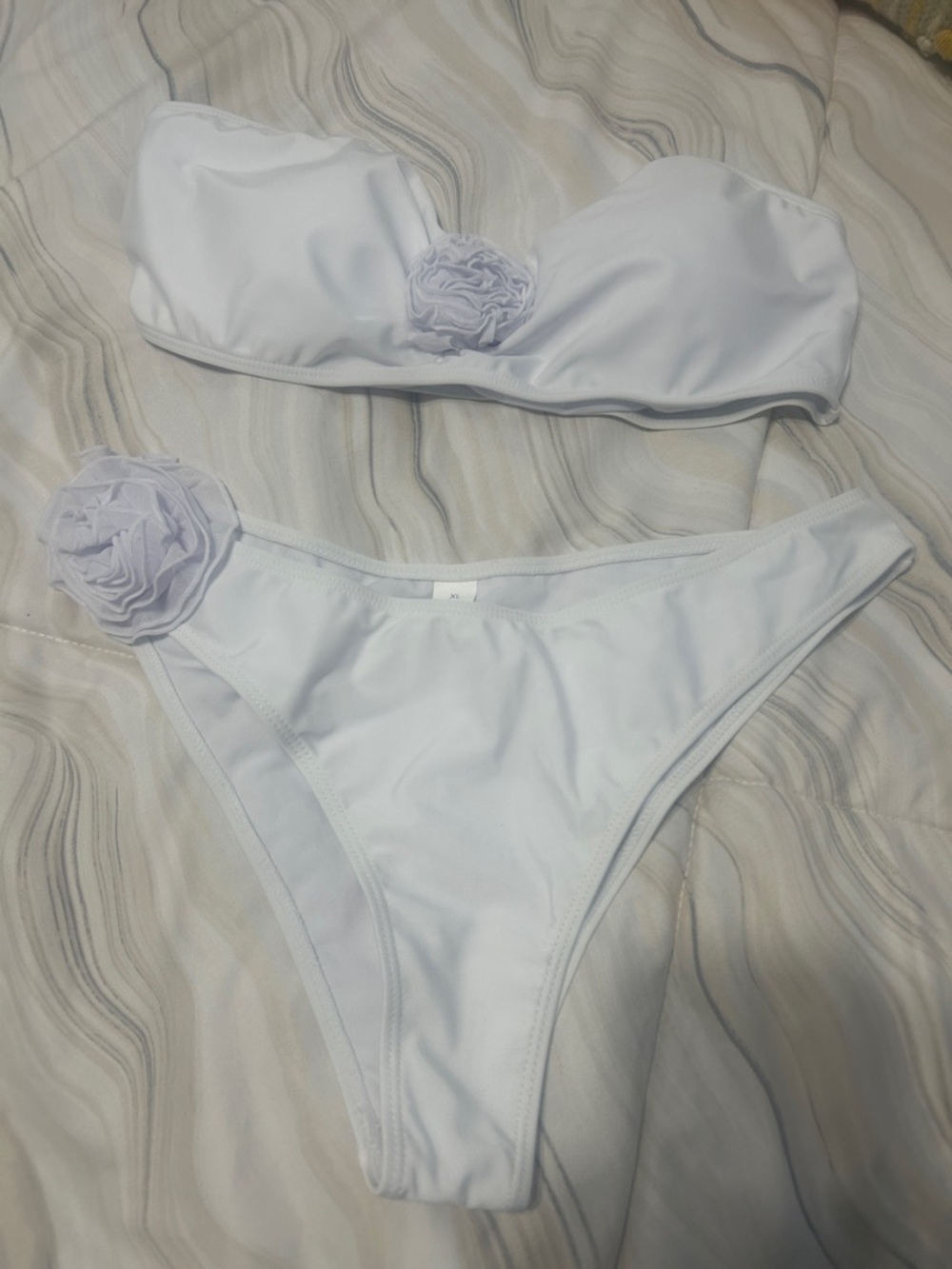 SHEIN White Bandeau Bikini Set with Floral Accents